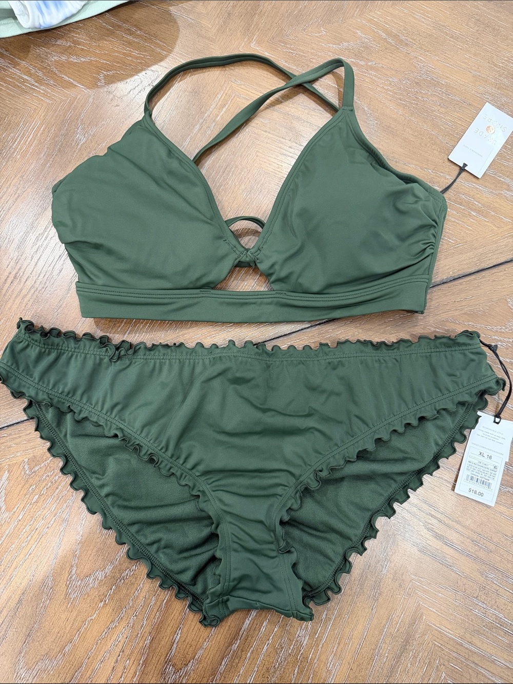 Shade & Shore Olive Green Ruffle-Trim Bikini
